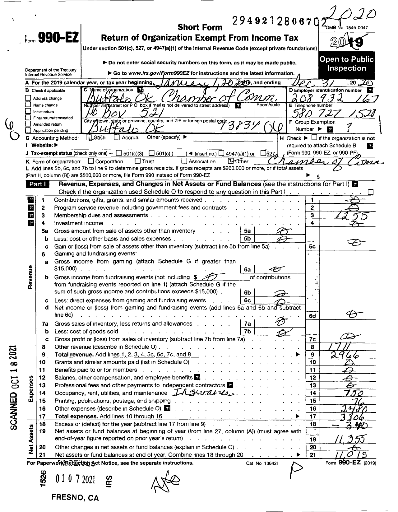 Image of first page of 2020 Form 990EO for Buffalo Chamber of Commerce and Agriculture