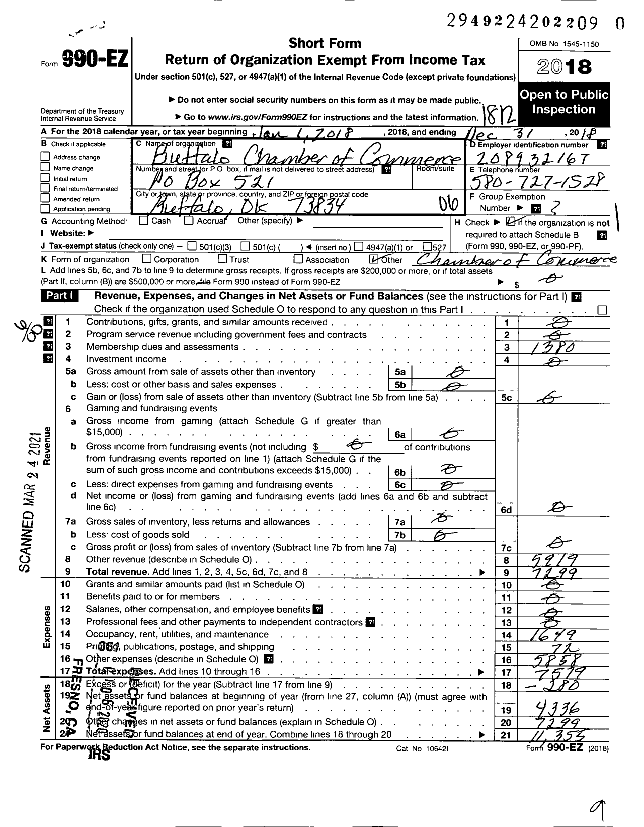 Image of first page of 2018 Form 990EO for Buffalo Chamber of Commerce and Agriculture