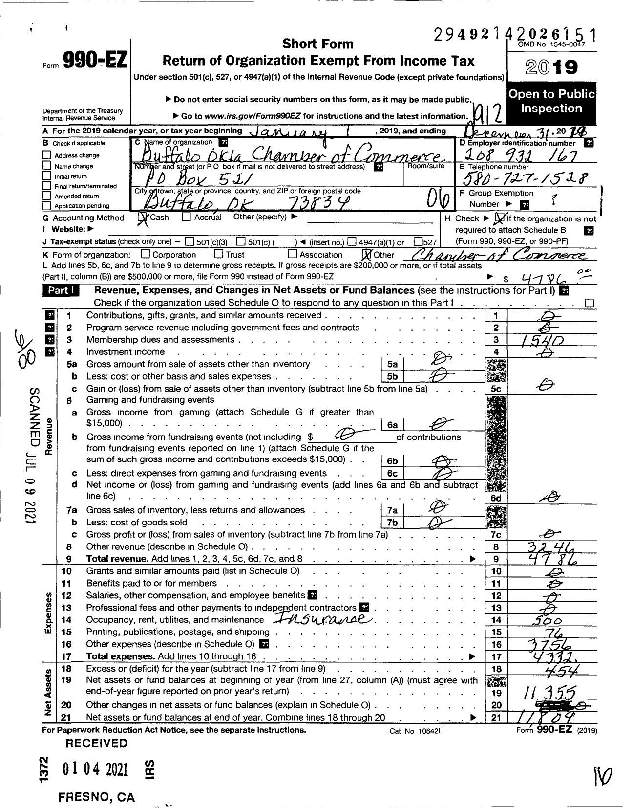 Image of first page of 2019 Form 990EO for Buffalo Chamber of Commerce and Agriculture