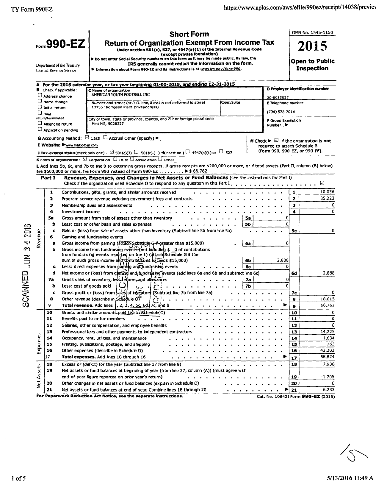 Image of first page of 2015 Form 990EZ for Youth Football Club of Mint Hill