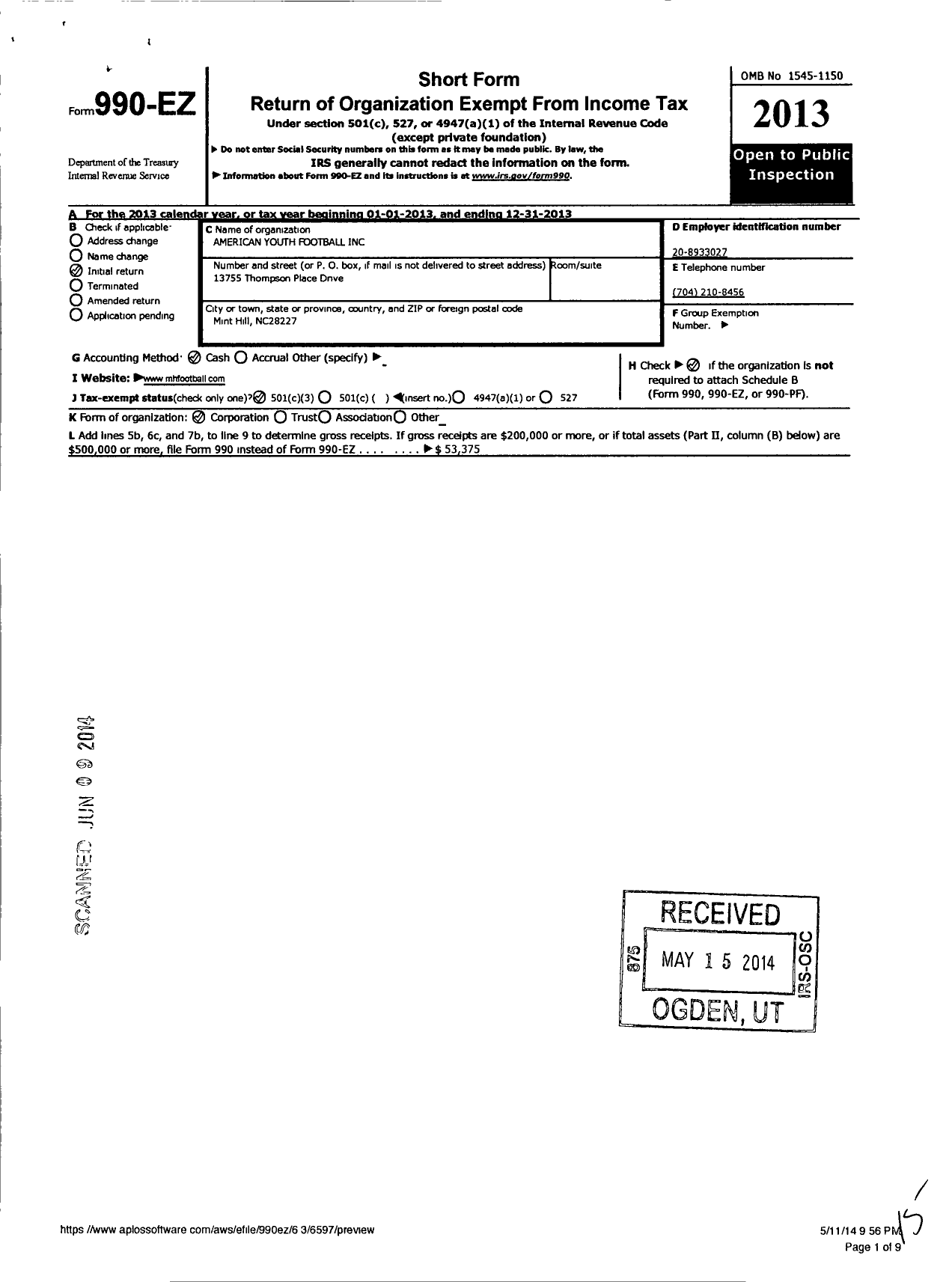 Image of first page of 2013 Form 990EZ for Youth Football Club of Mint Hill