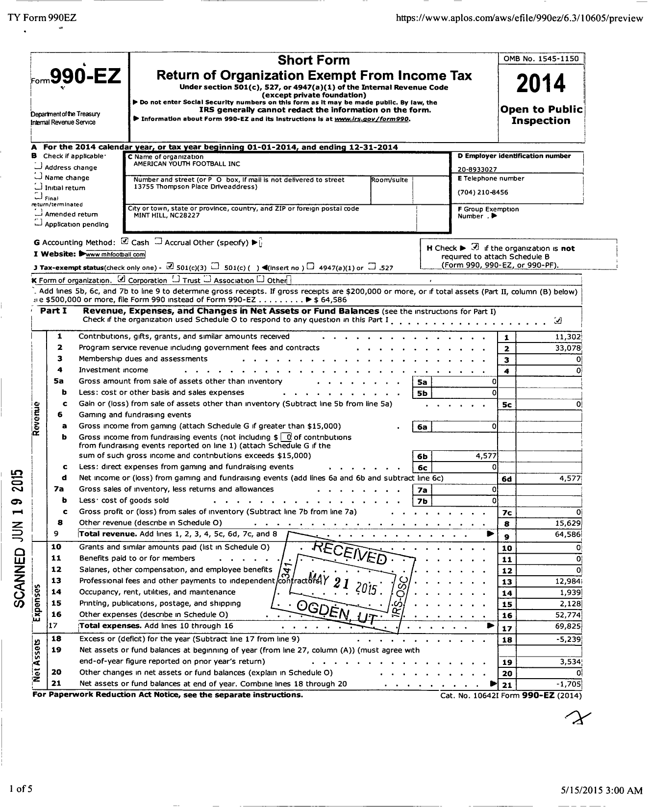 Image of first page of 2014 Form 990EZ for Youth Football Club of Mint Hill