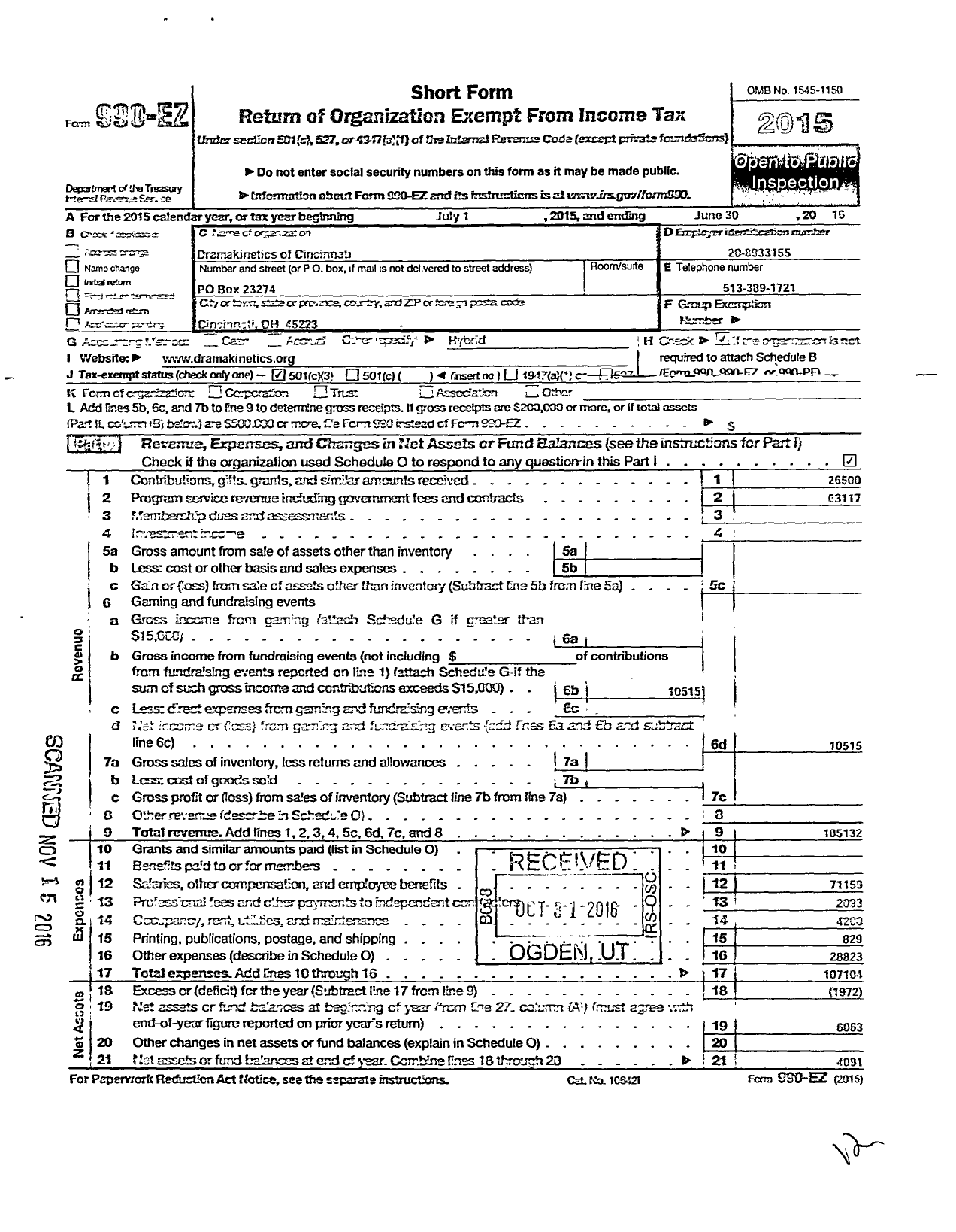 Image of first page of 2015 Form 990EZ for Dramakinetics of Cincinnati