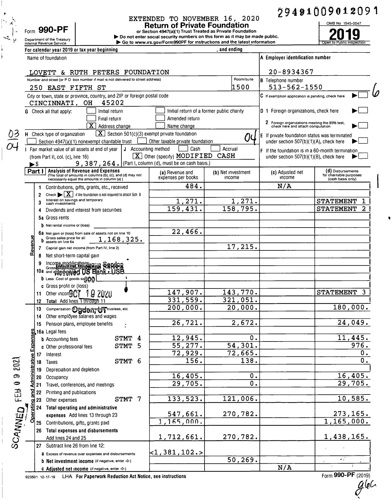 Image of first page of 2019 Form 990PF for Lovett and Ruth Peters Foundation