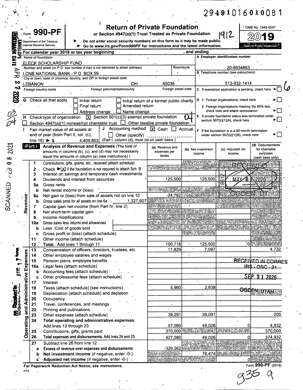 Image of first page of 2019 Form 990PF for Fleck Scholarship Fund