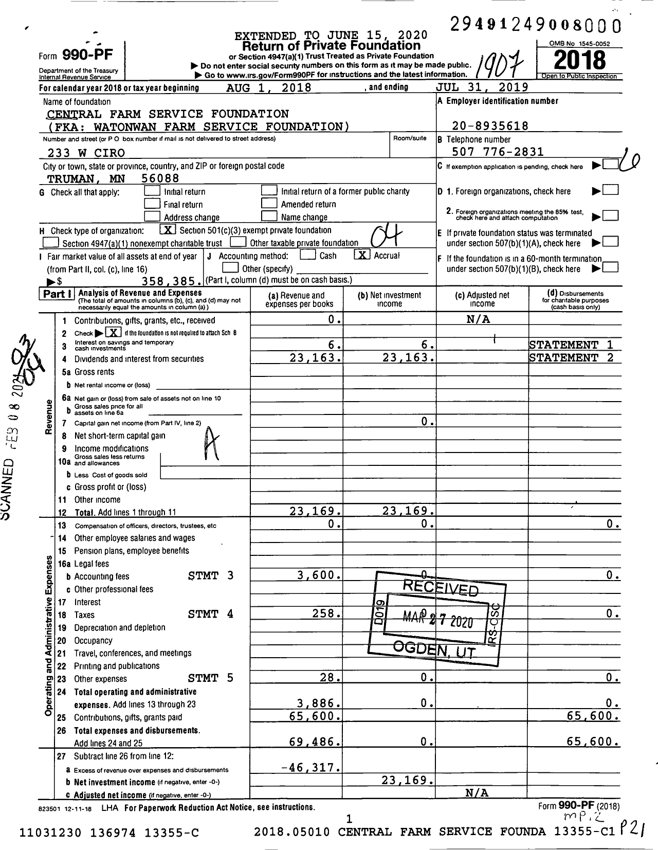 Image of first page of 2018 Form 990PF for Central Farm Service Foundation