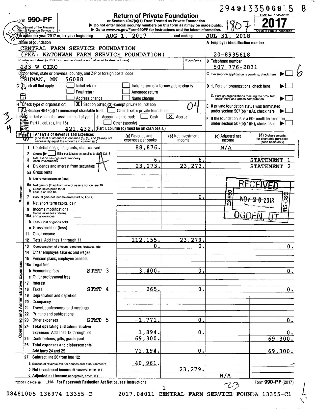 Image of first page of 2017 Form 990PF for Central Farm Service Foundation