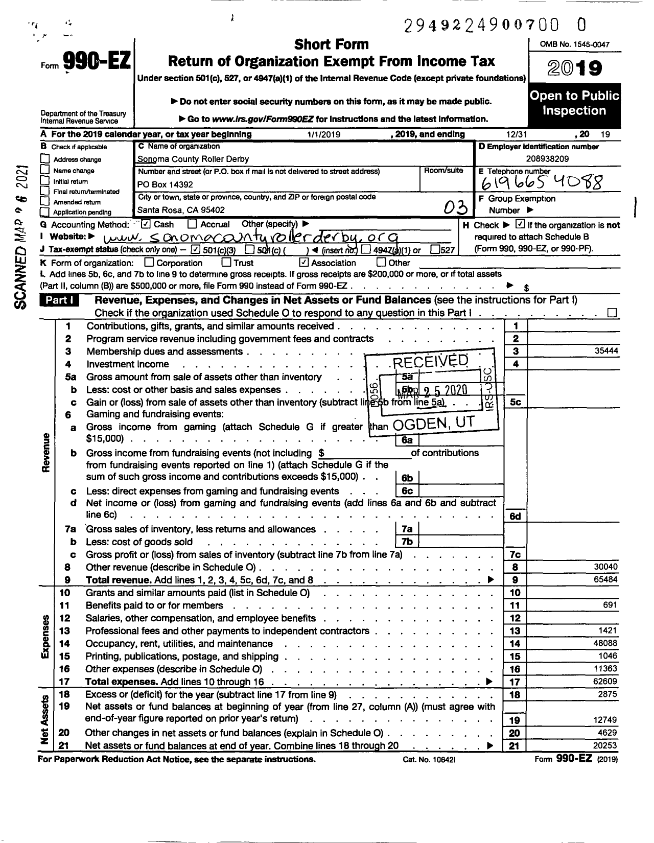 Image of first page of 2019 Form 990EZ for North Bay Derby