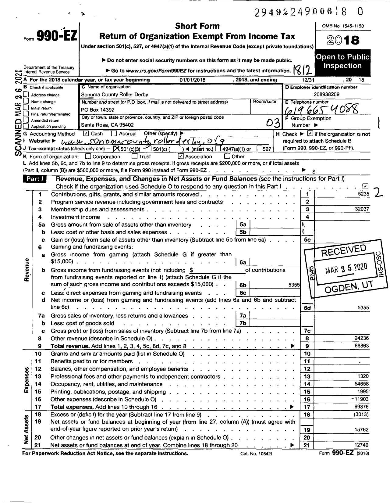 Image of first page of 2018 Form 990EZ for North Bay Derby