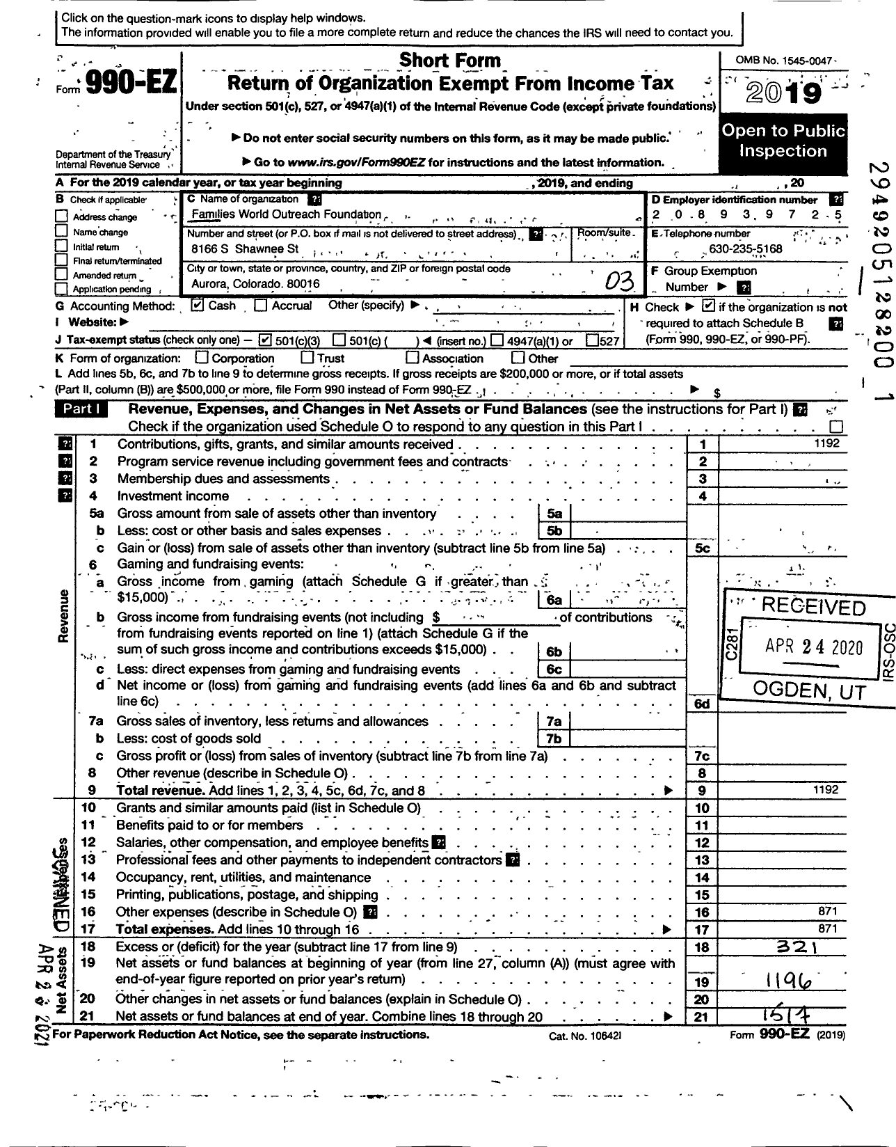 Image of first page of 2019 Form 990EZ for Families World Outreach Foundation