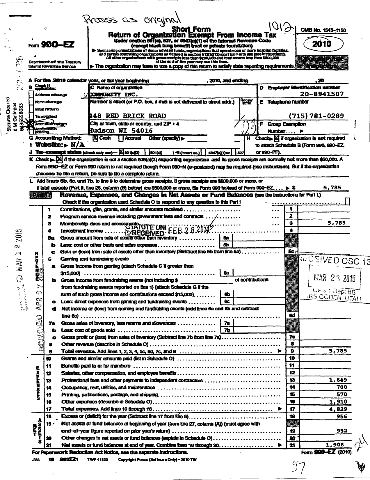 Image of first page of 2010 Form 990EZ for Community