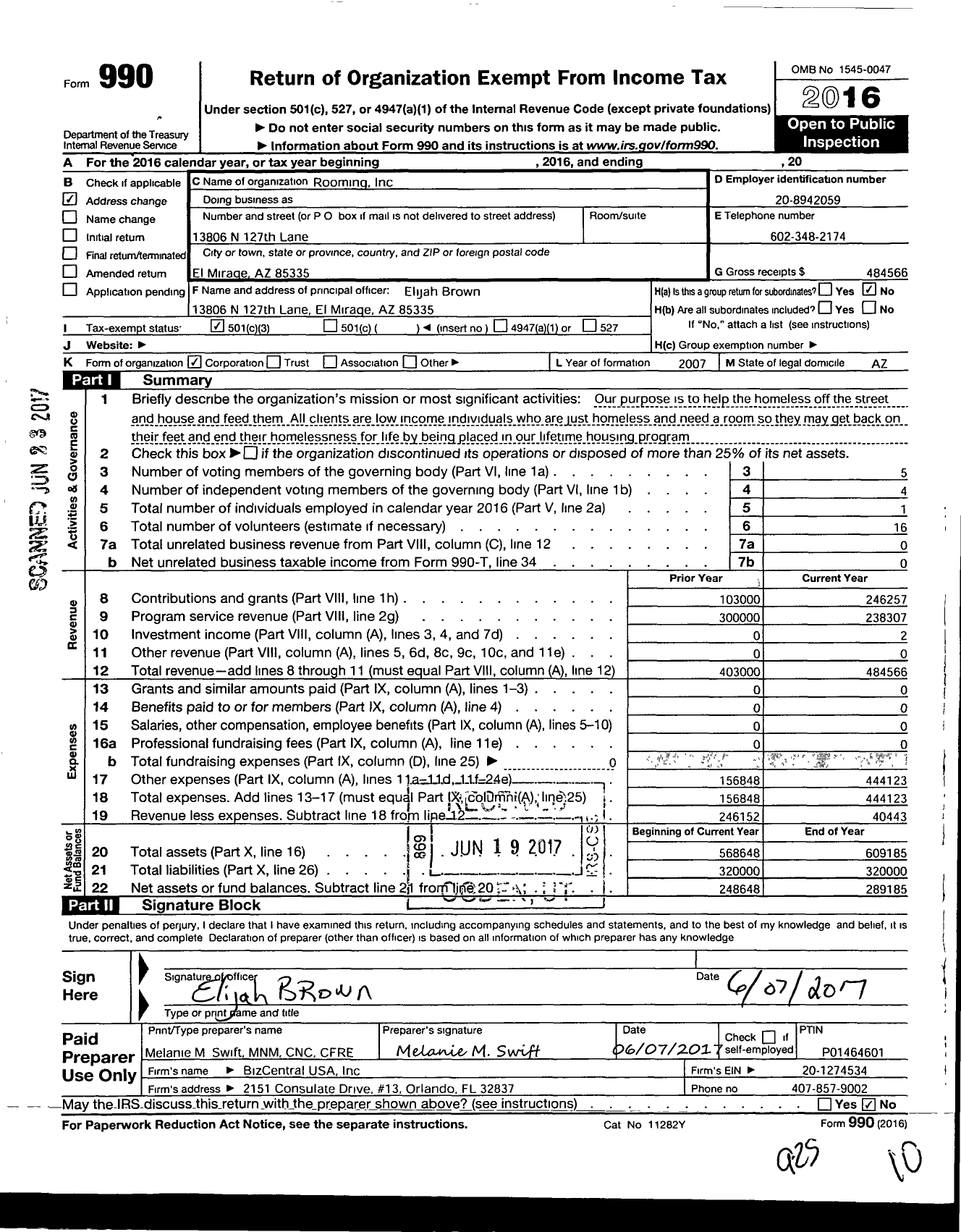 Image of first page of 2016 Form 990 for Rooming