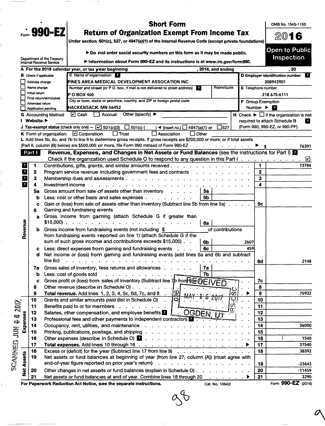 Image of first page of 2016 Form 990EZ for Pines Area Medical Development Association