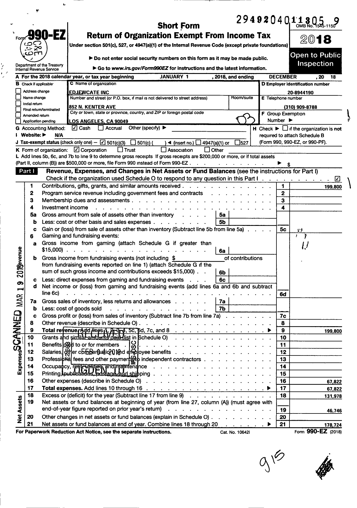 Image of first page of 2018 Form 990EZ for Edjewcate