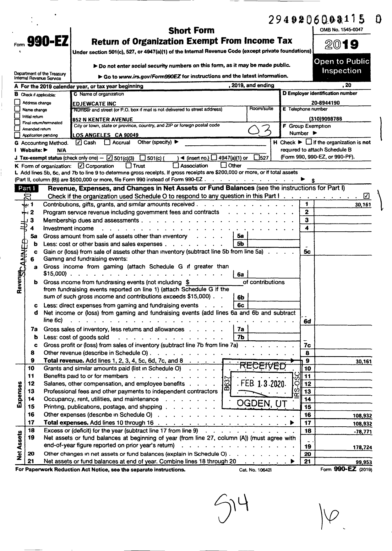 Image of first page of 2019 Form 990EZ for Edjewcate