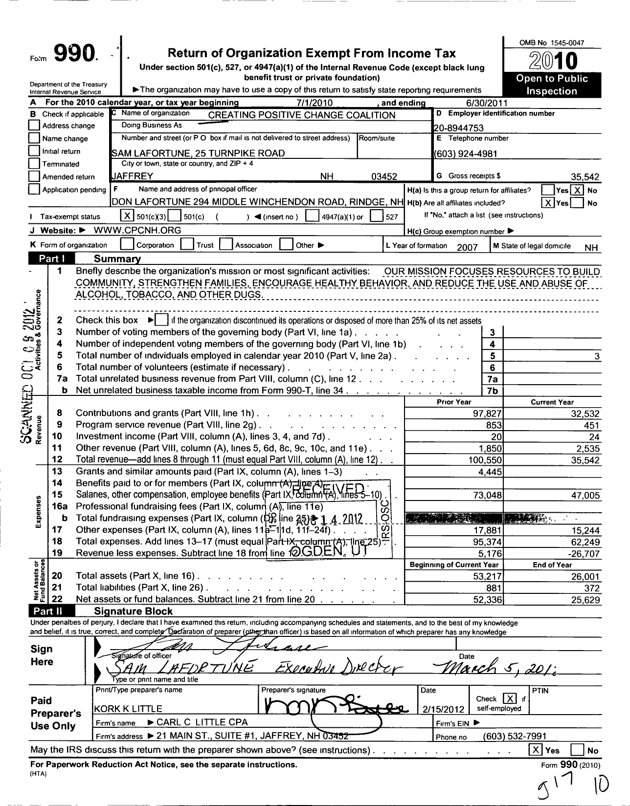 Image of first page of 2010 Form 990 for Creating Positive Change Coalition (CPC)