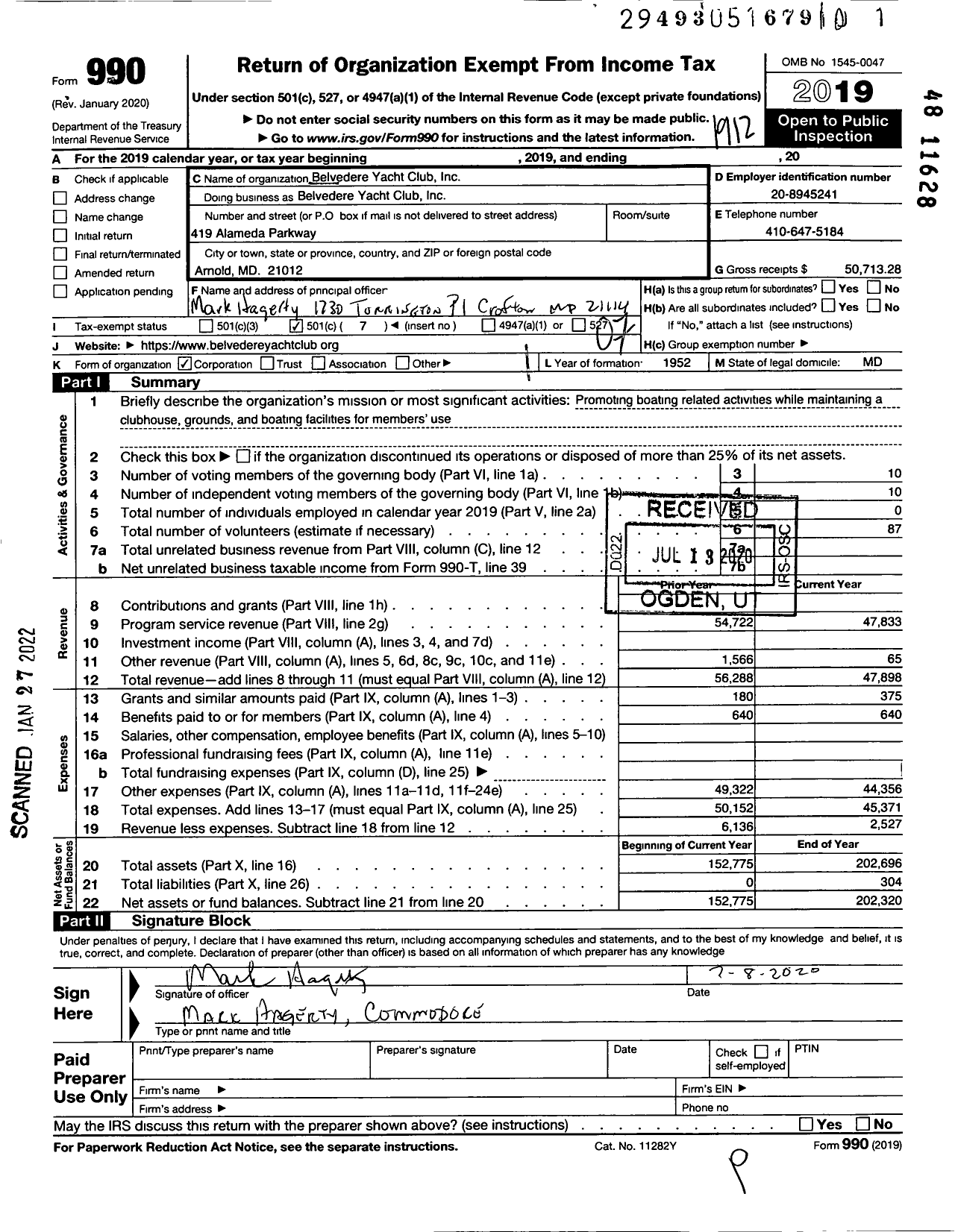 Image of first page of 2019 Form 990O for Belvedere Yacht Club