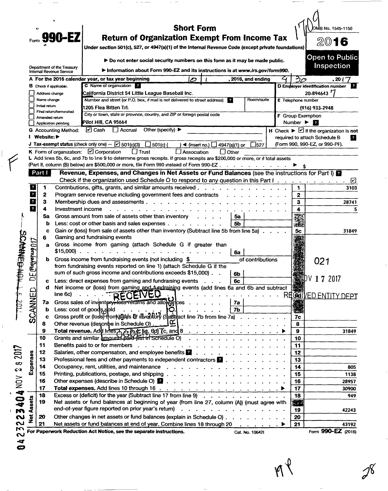 Image of first page of 2016 Form 990EZ for California District 54 Little League Baseball