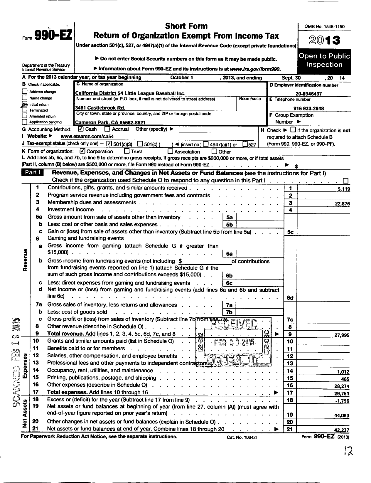 Image of first page of 2013 Form 990EZ for California District 54 Little League Baseball