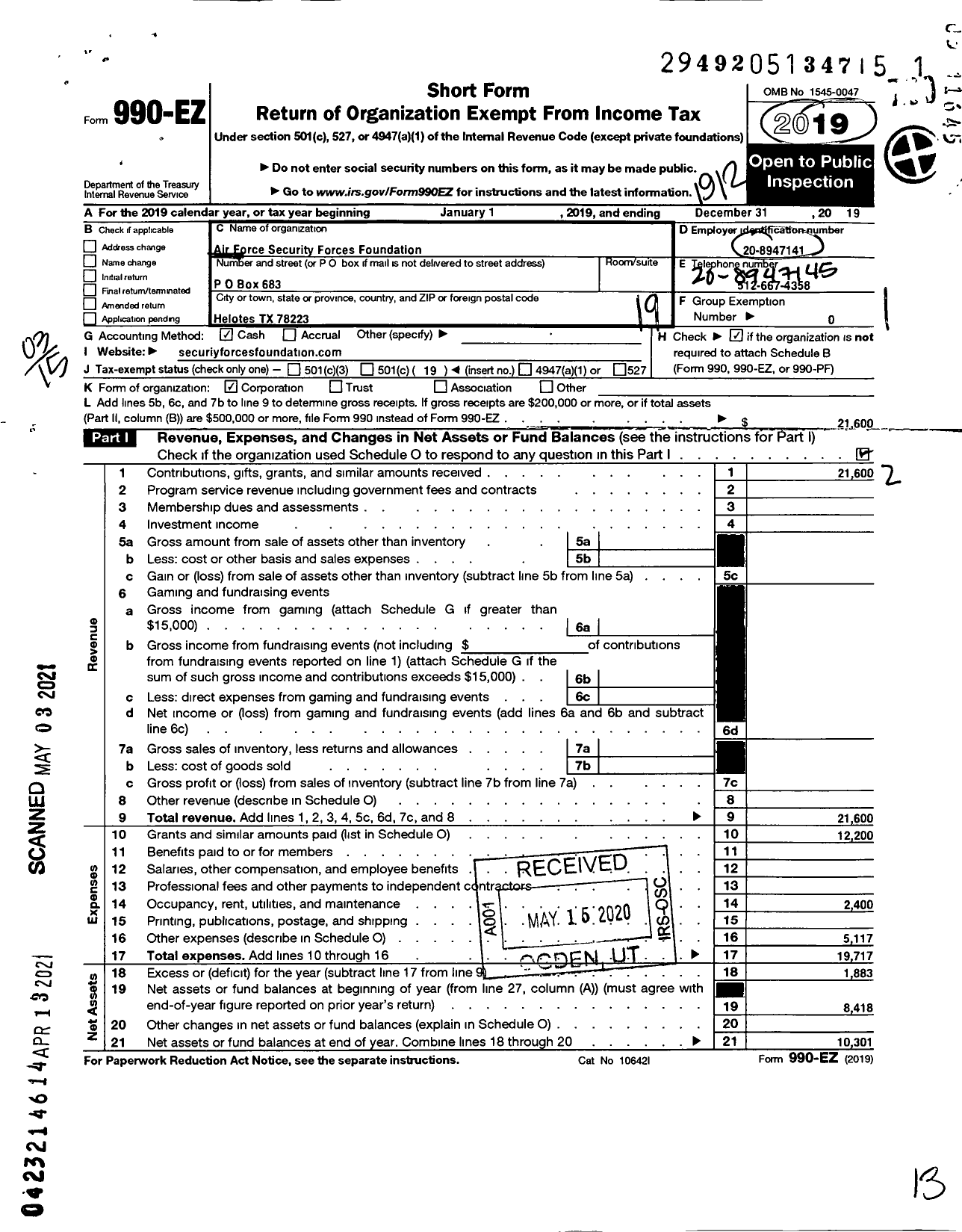 Image of first page of 2019 Form 990EZ for Air Force Security Forces Foundation