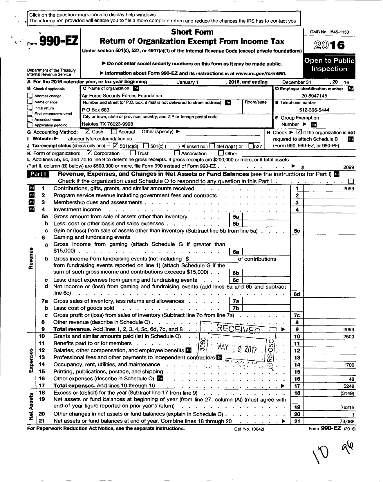 Image of first page of 2016 Form 990EZ for Air Force Security Forces Foundation