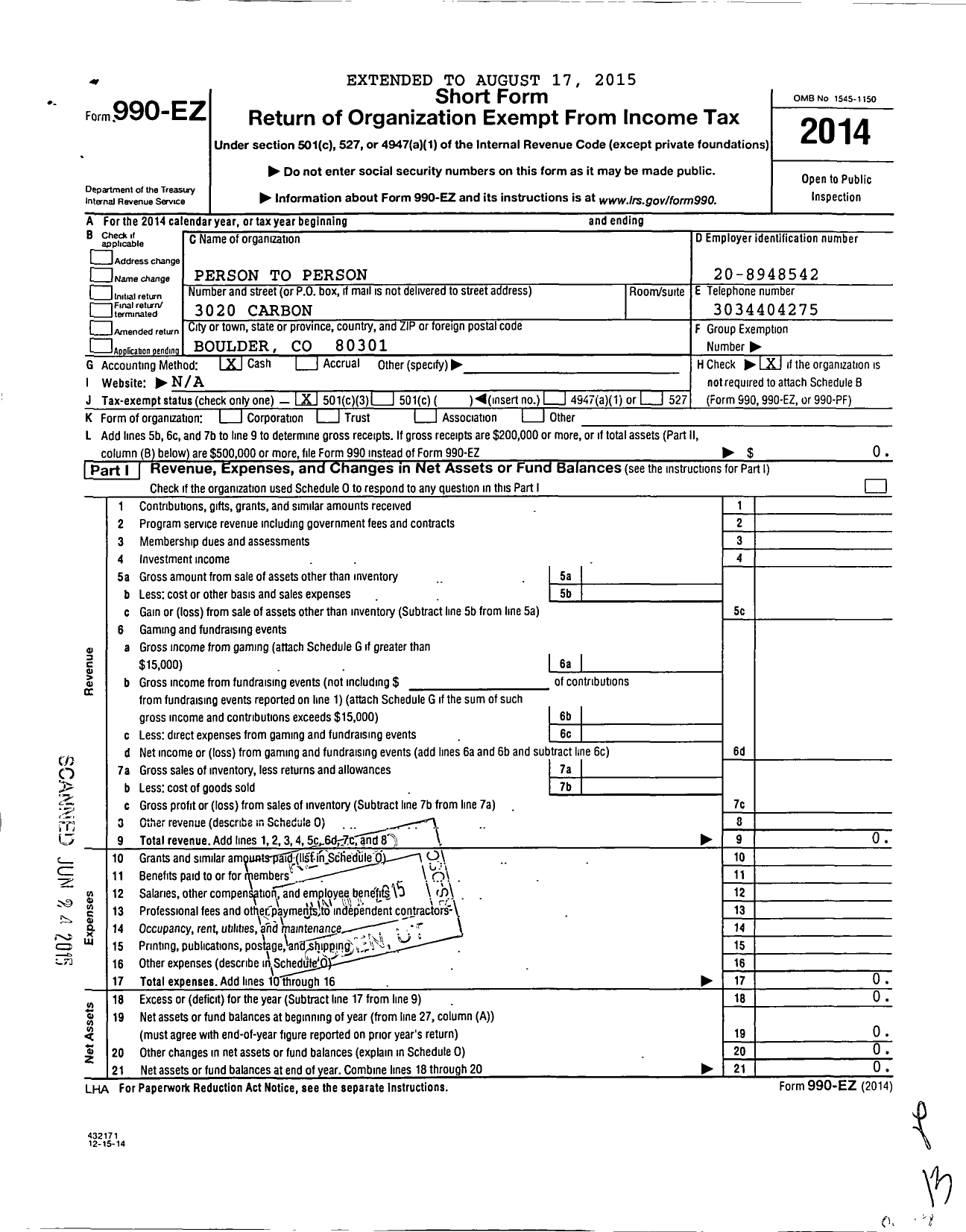 Image of first page of 2014 Form 990EZ for Friendship Circle of Boulder County