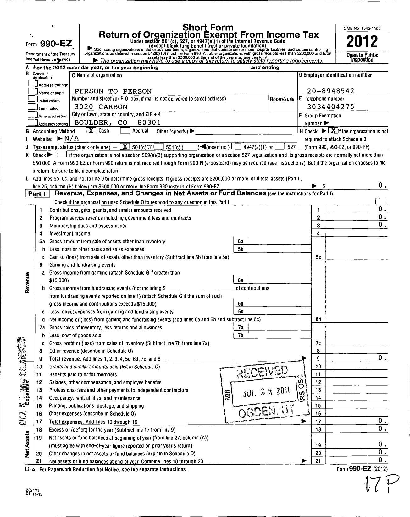 Image of first page of 2012 Form 990EZ for Friendship Circle of Boulder County