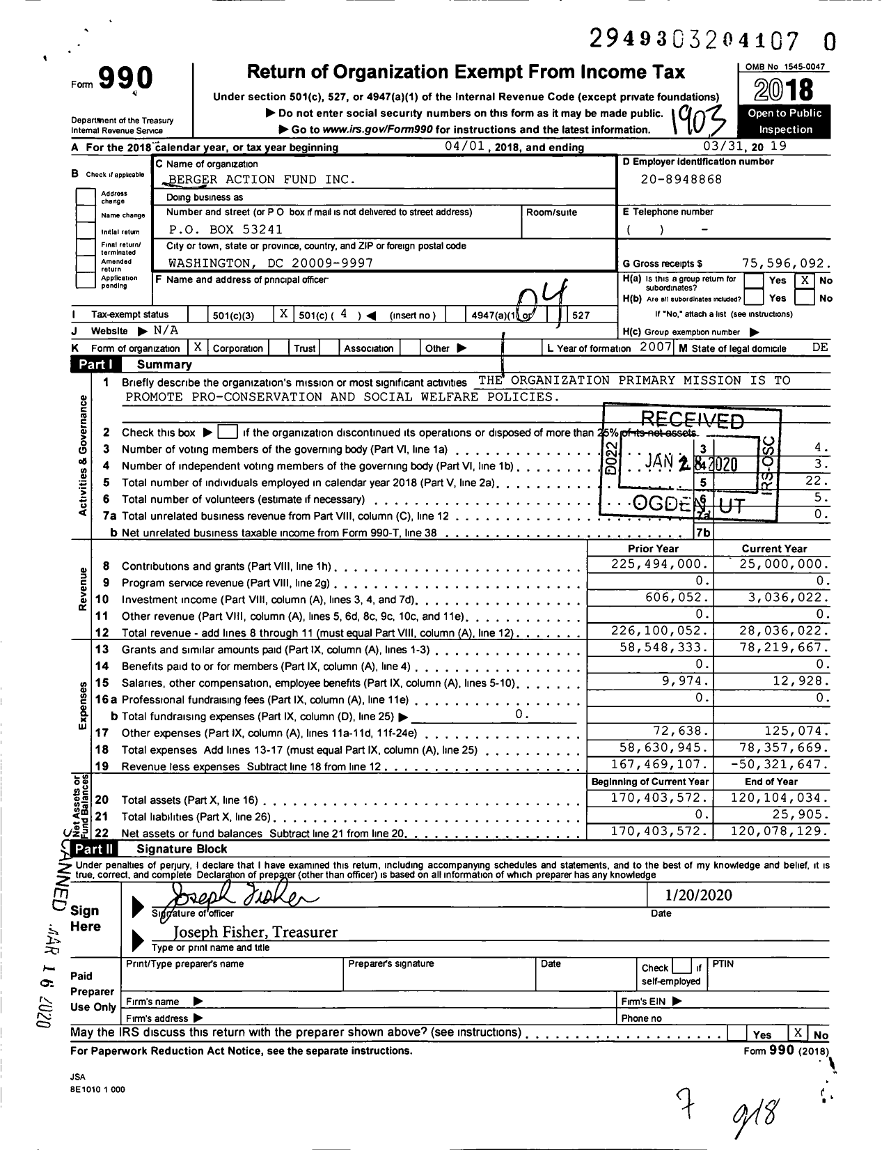 Image of first page of 2018 Form 990O for Berger Action Fund