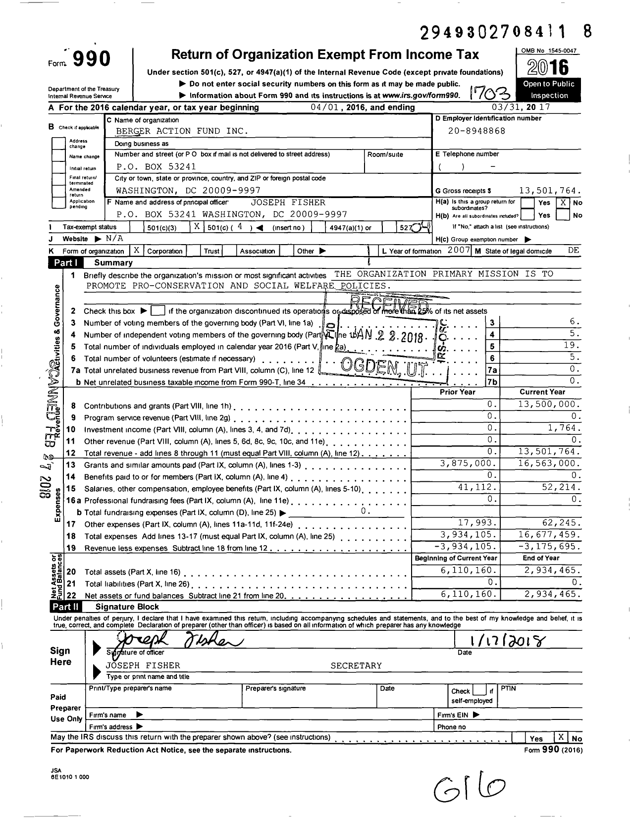 Image of first page of 2016 Form 990O for Berger Action Fund