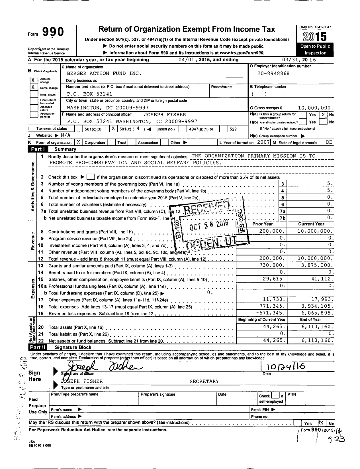 Image of first page of 2015 Form 990O for Berger Action Fund