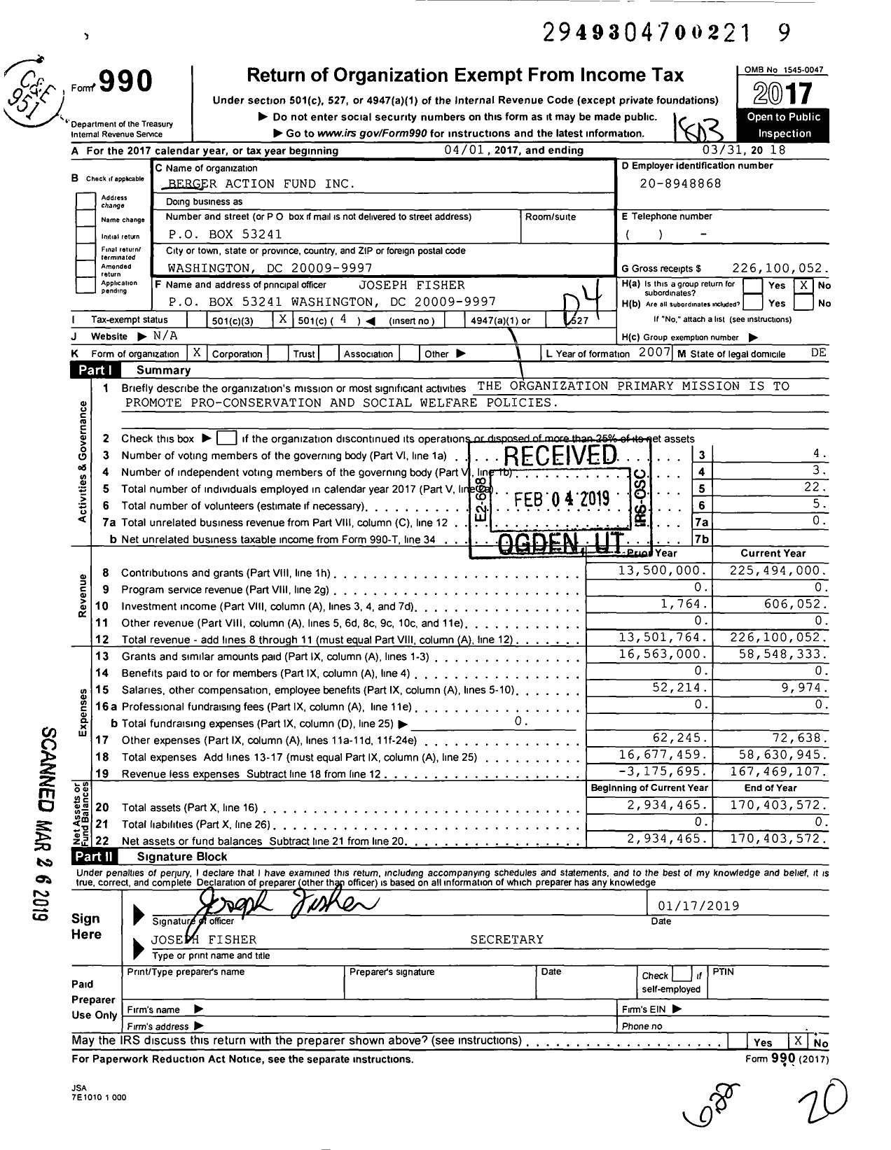 Image of first page of 2017 Form 990O for Berger Action Fund