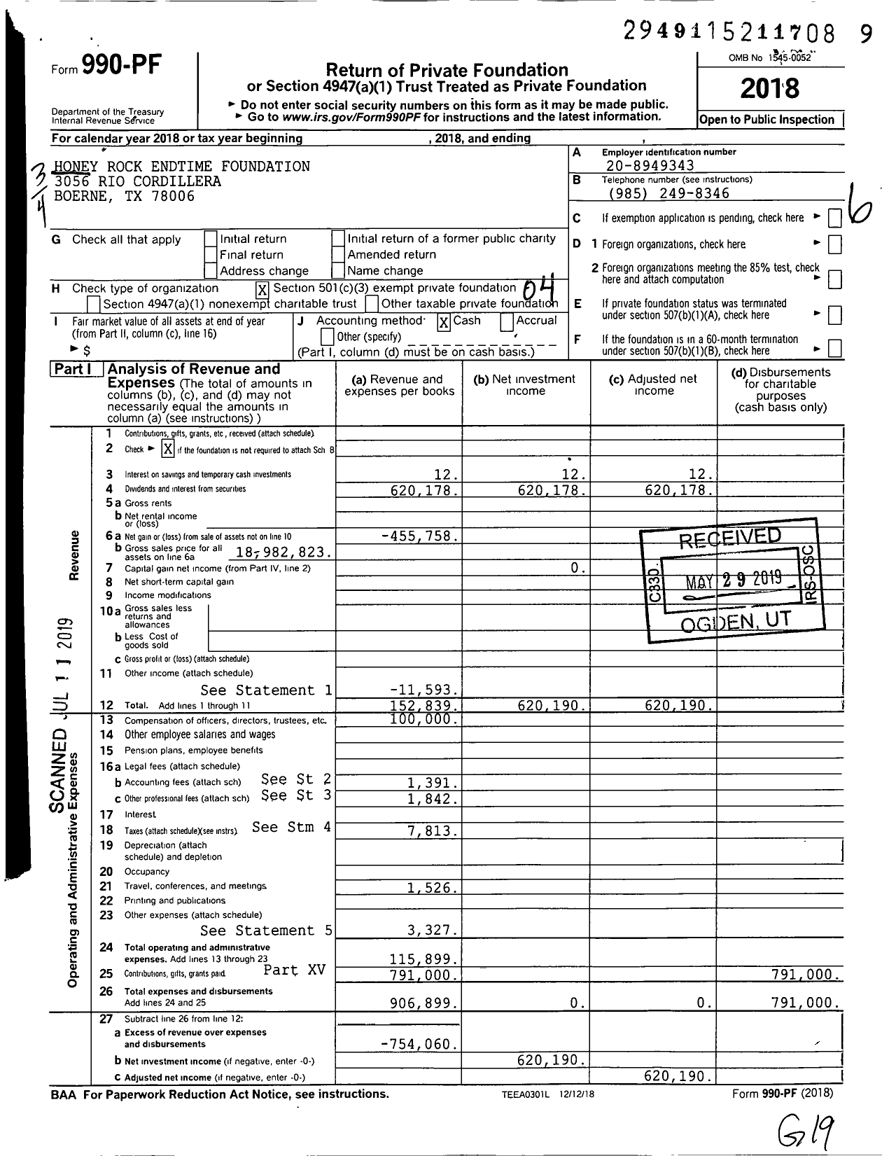 Image of first page of 2018 Form 990PF for Honey Rock Endtime Foundation