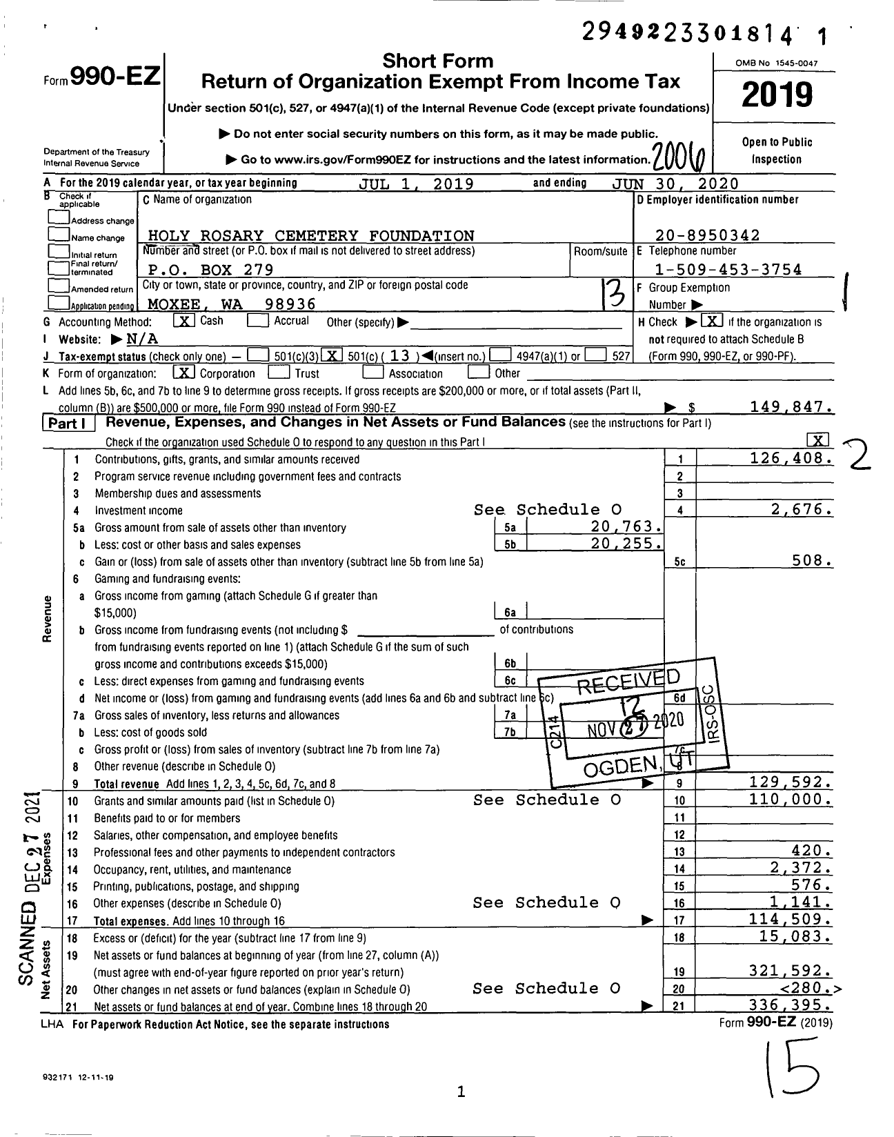 Image of first page of 2019 Form 990EO for Holy Rosary Cemetery Foundation