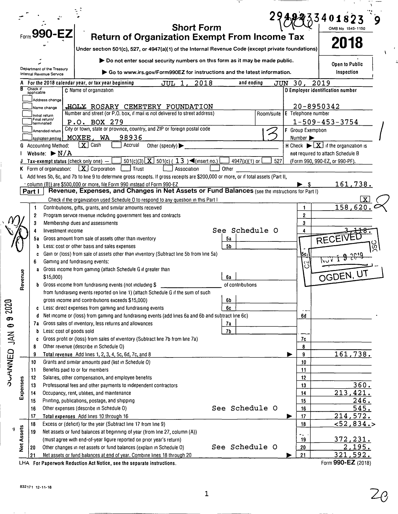 Image of first page of 2018 Form 990EO for Holy Rosary Cemetery Foundation