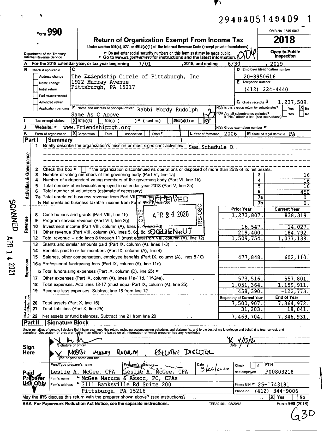 Image of first page of 2018 Form 990 for The Friendship Circle of Pittsburgh