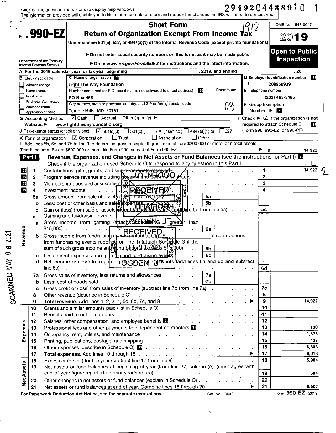 Image of first page of 2019 Form 990EZ for Light the Way Foundation