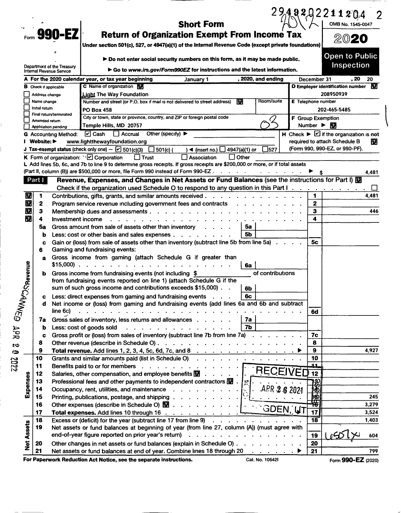 Image of first page of 2020 Form 990EZ for Light the Way Foundation