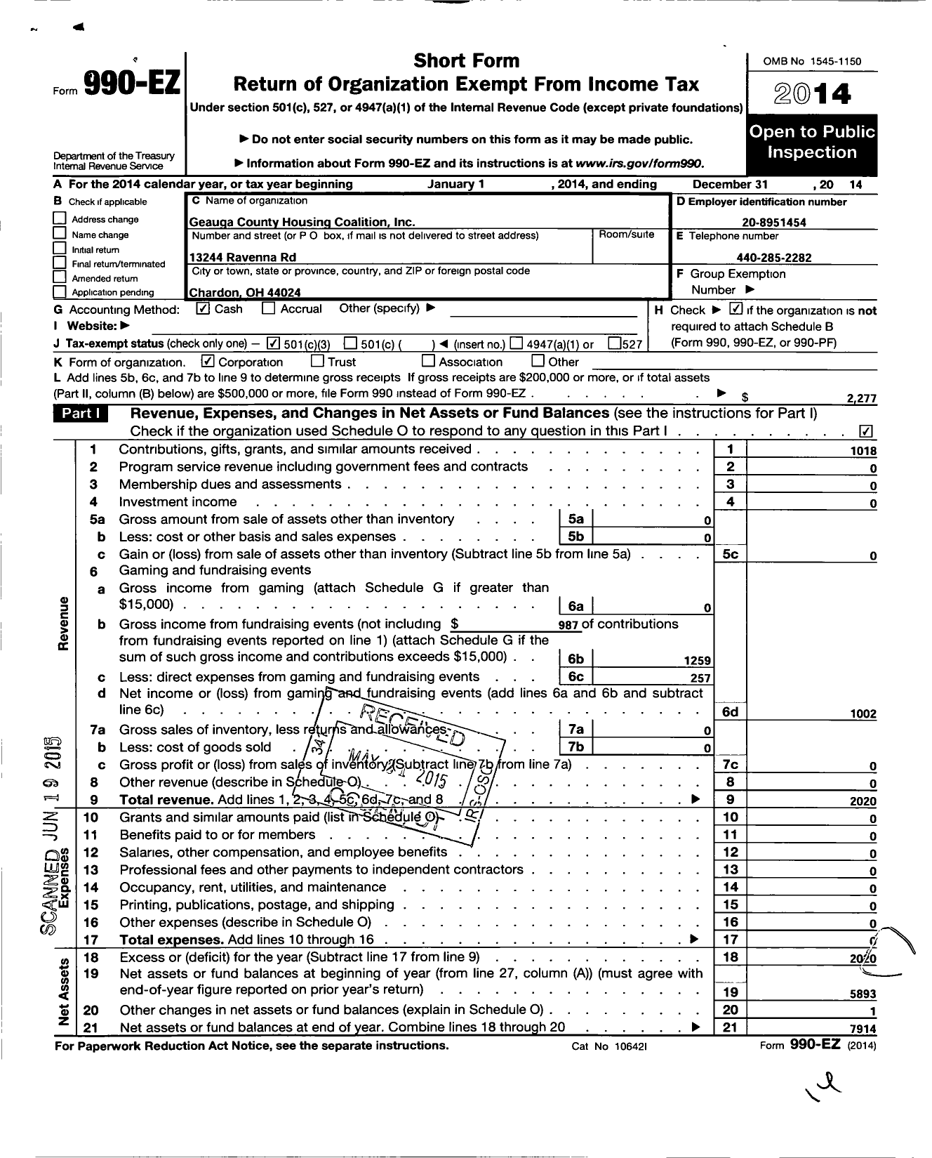 Image of first page of 2014 Form 990EZ for Geauga County Housing Coalition