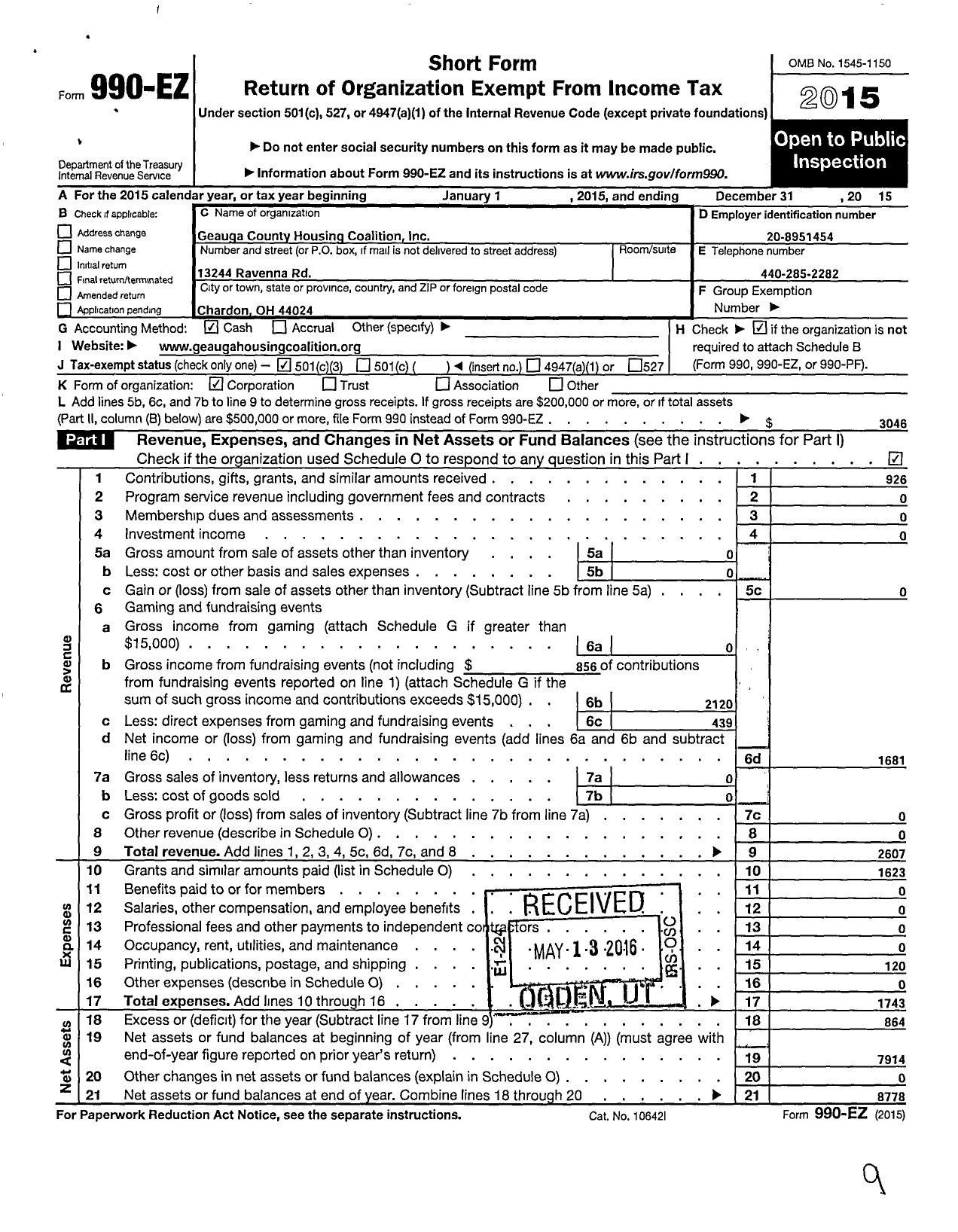 Image of first page of 2015 Form 990EZ for Geauga County Housing Coalition