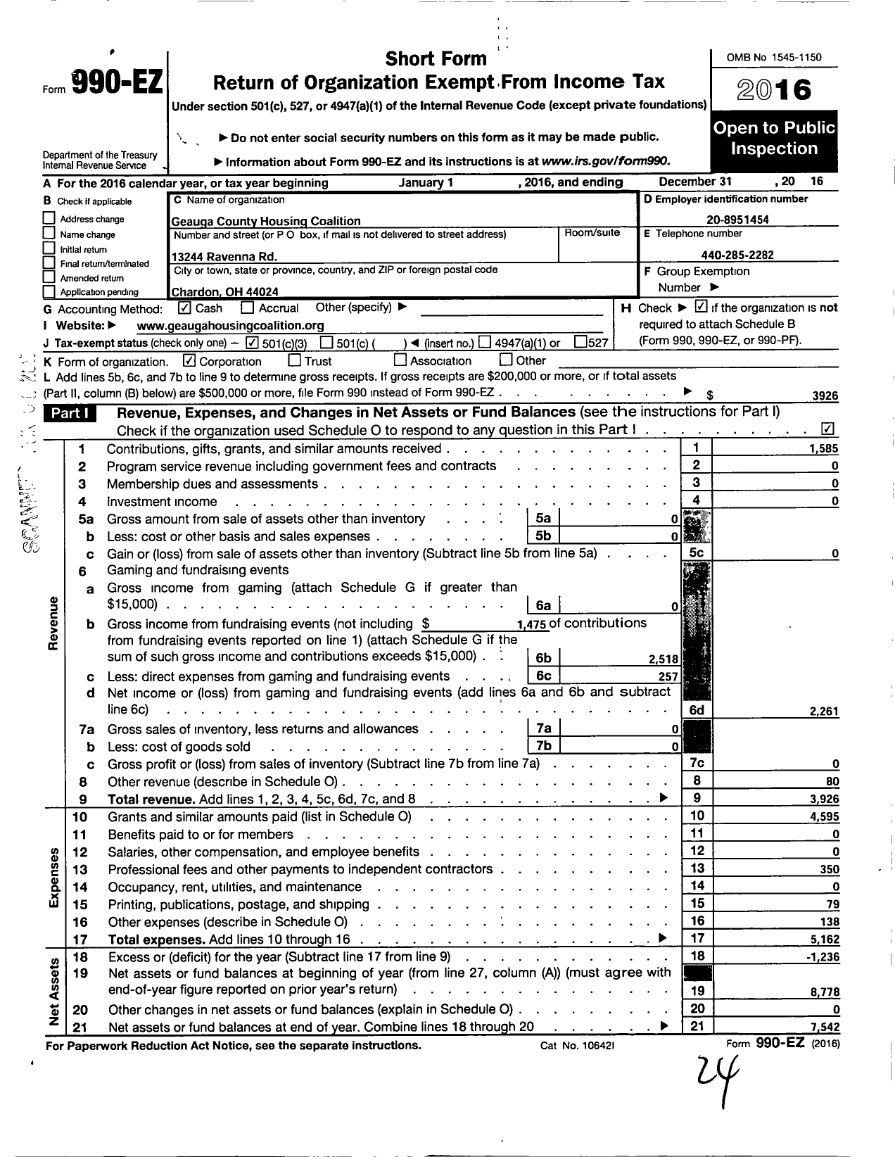 Image of first page of 2016 Form 990EZ for Geauga County Housing Coalition