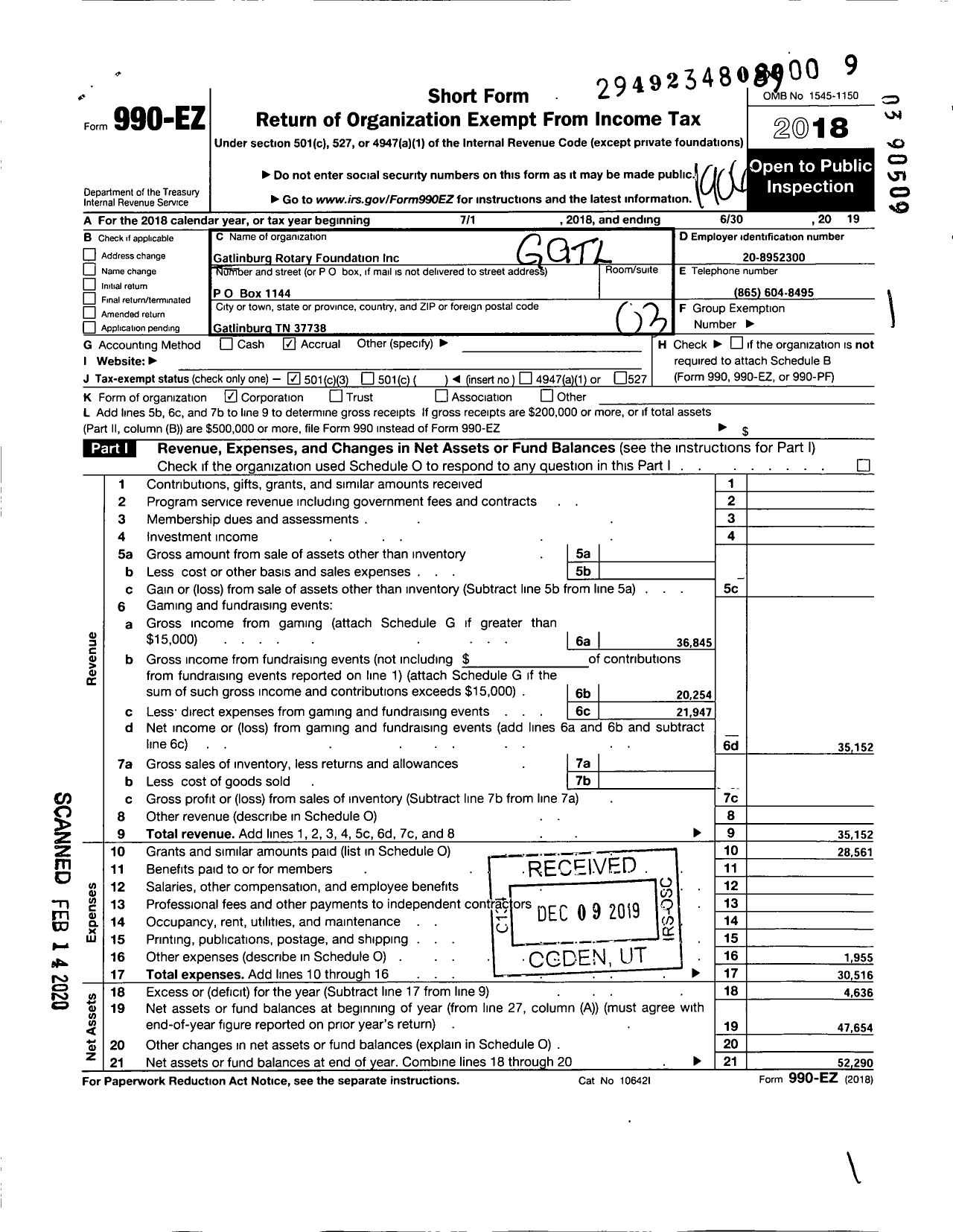 Image of first page of 2018 Form 990EZ for Gatlinburg Rotary Foundation