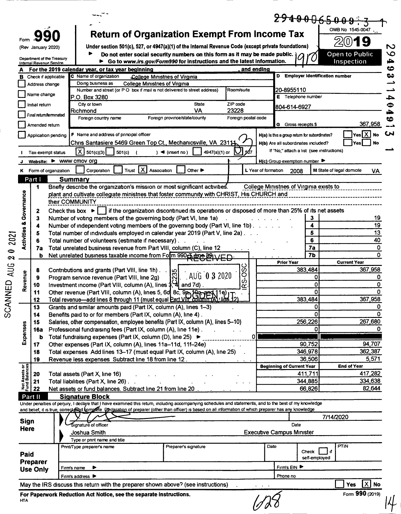 Image of first page of 2019 Form 990 for College Ministries of Virginia