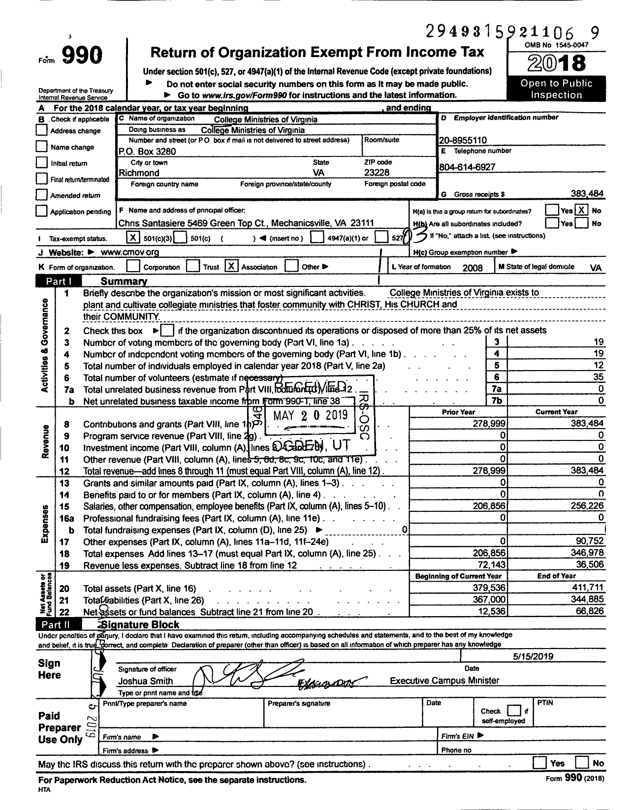 Image of first page of 2018 Form 990 for College Ministries of Virginia