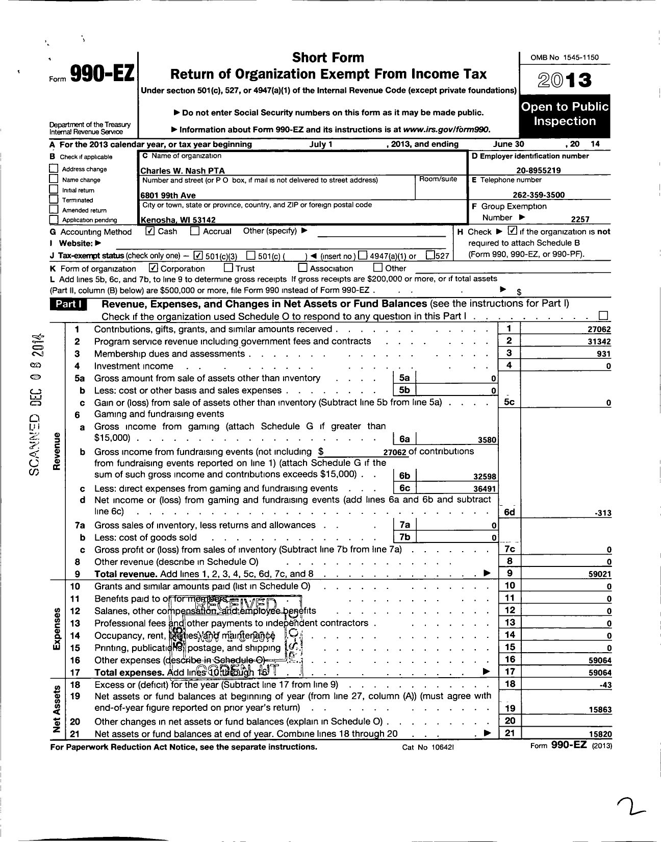 Image of first page of 2013 Form 990EZ for PTA Wisconsin Congress / Charles W Nash PTA