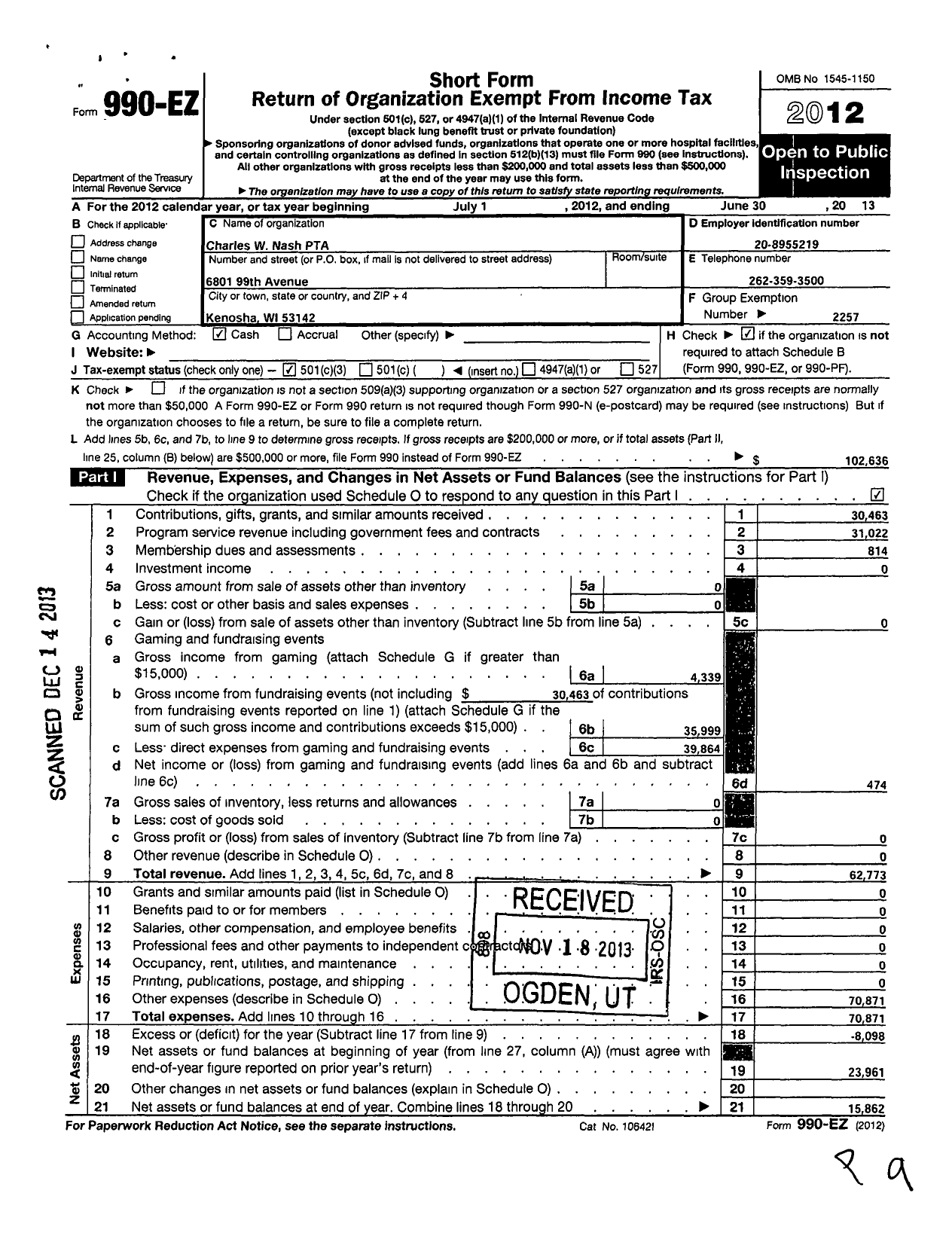Image of first page of 2012 Form 990EZ for PTA Wisconsin Congress / Charles W Nash PTA