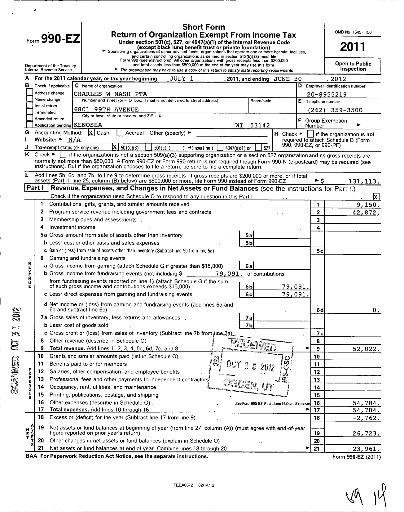 Image of first page of 2011 Form 990EZ for PTA Wisconsin Congress / Charles W Nash PTA