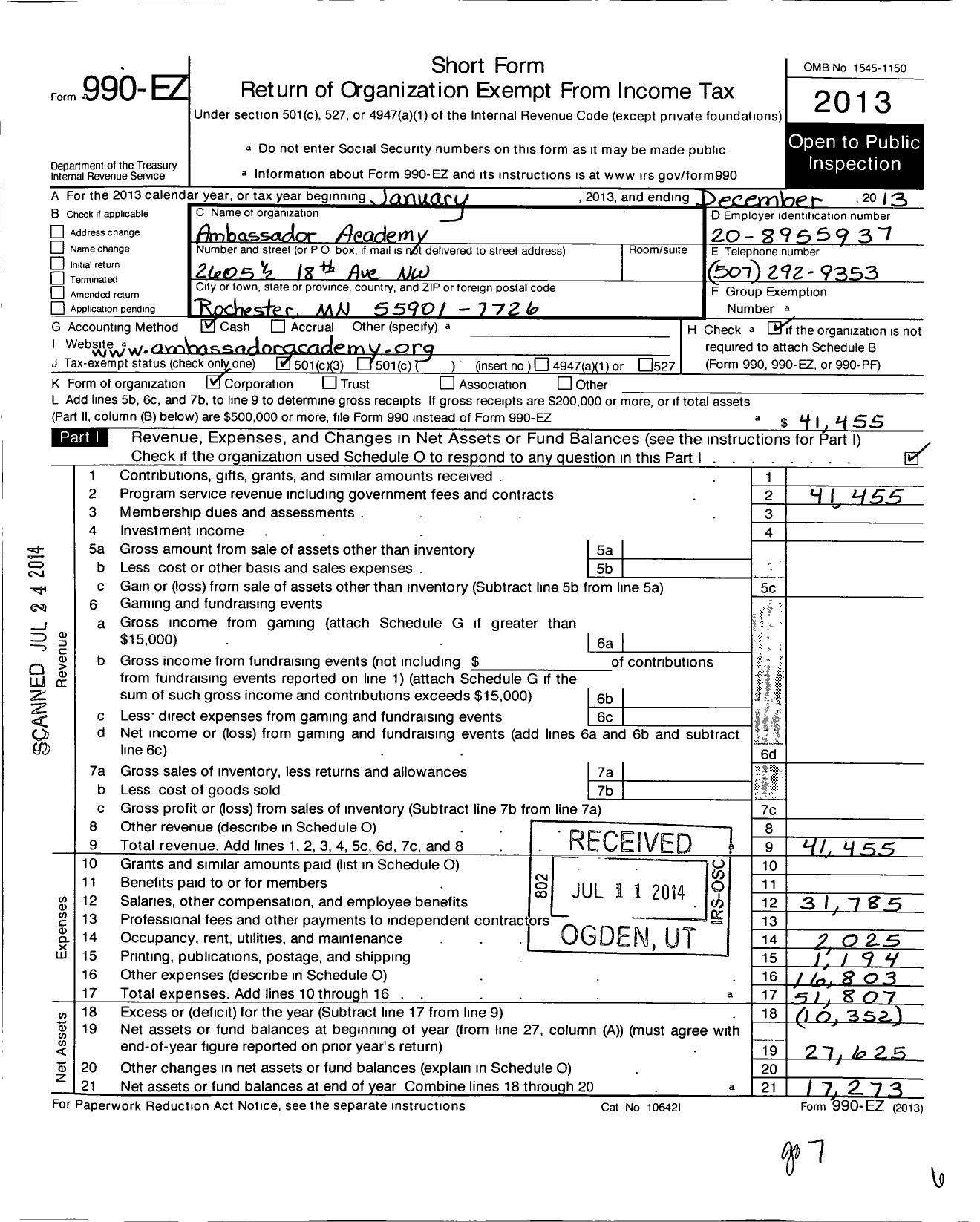 Image of first page of 2013 Form 990EZ for Ambassador Academy