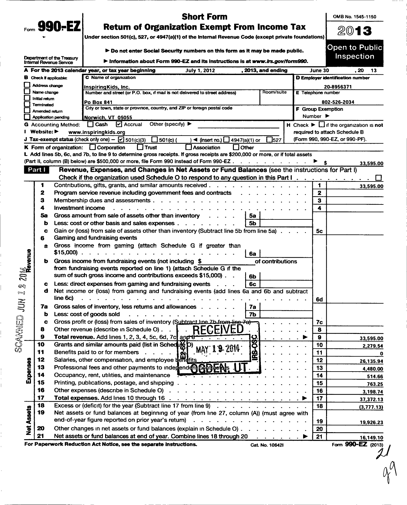 Image of first page of 2012 Form 990EZ for Inspiringkids Kids