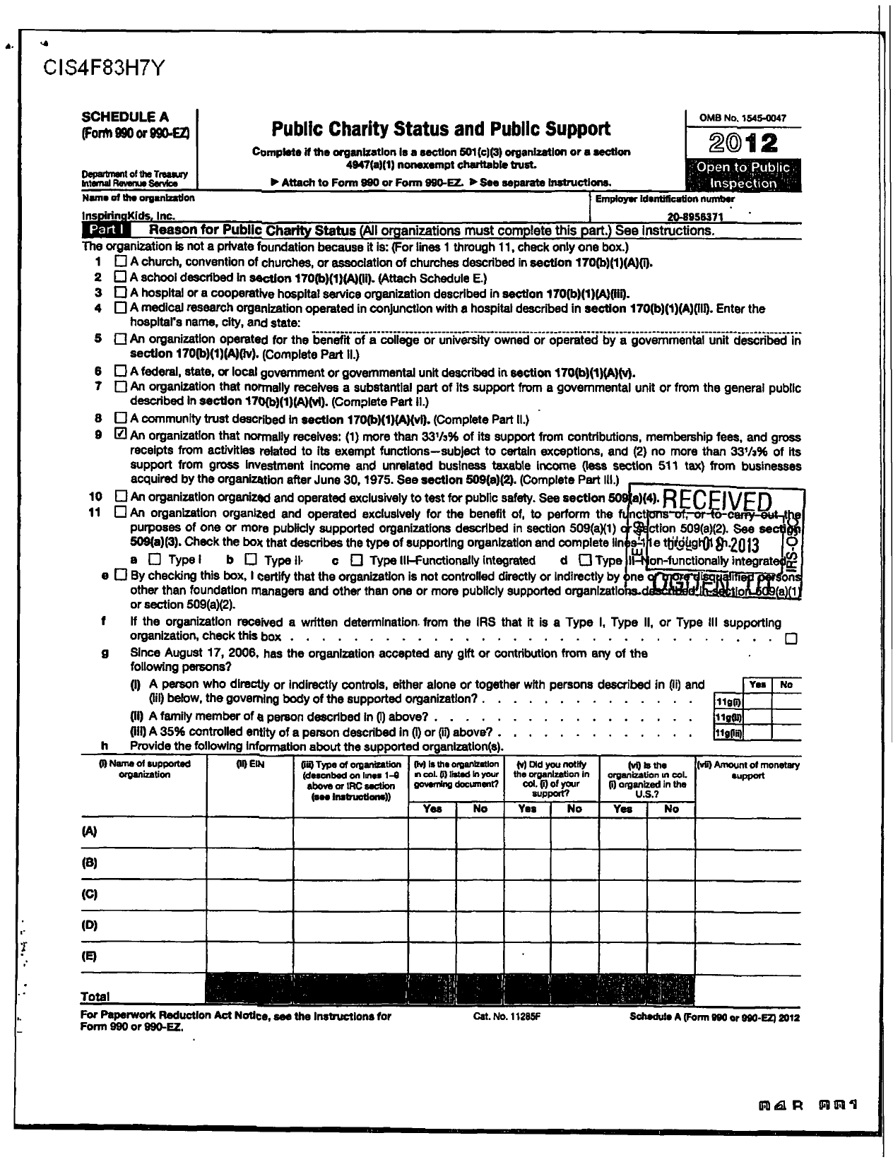 Image of first page of 2011 Form 990ER for Inspiringkids Kids