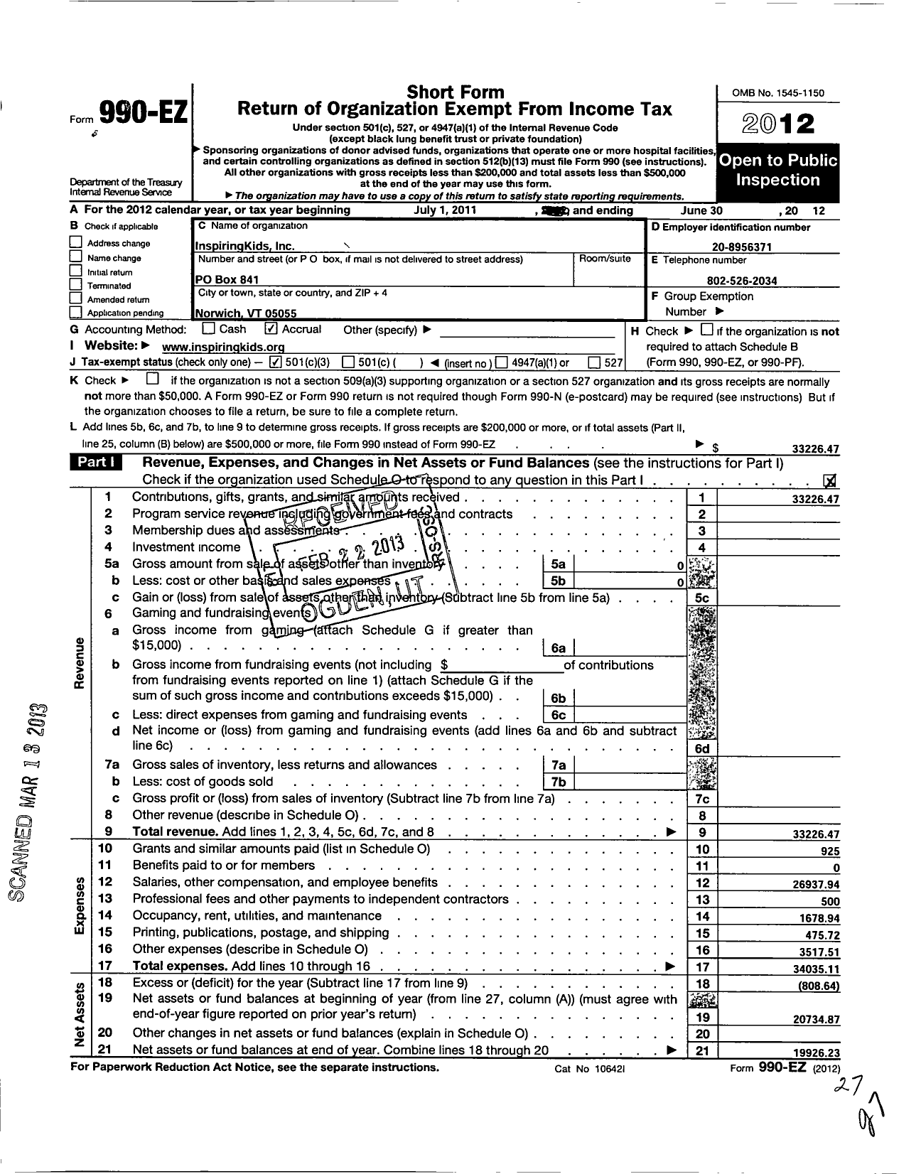 Image of first page of 2011 Form 990EZ for Inspiringkids Kids